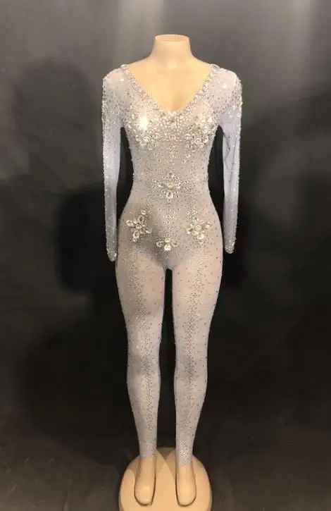 Jumpsuit Женский сексуальный сценический сетчатый трикотажный комбинезон с большими стеклянными сверкающими кристаллами, боди для ночного клуба, вечерние костюмы для сцены, комбинезон для танцовщицы, певицы - Цвет: Jumpsuit
