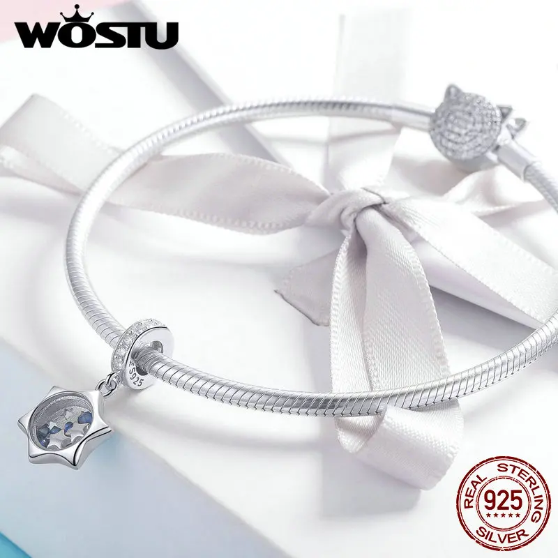 WOSTU, настоящее 925 пробы, серебряные бусины с изображением звезды желаний, браслет, ожерелье, Подвеска для женщин, роскошные ювелирные изделия, FIC1083