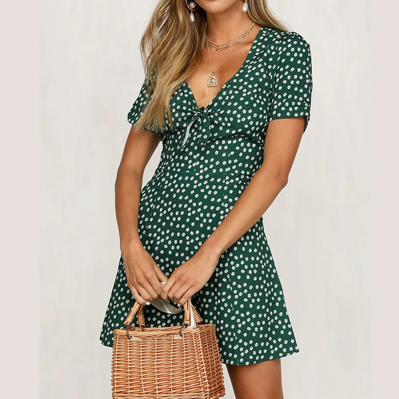 Мини-платье с цветочным принтом Летний Пляжный женский сарафан в стиле бохо для