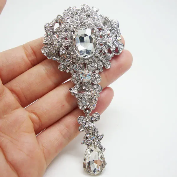 Bride Wedding Flower Drop Clear Rhinestone Crystal Pendant Bouquet Brooch Pin | Brooches
