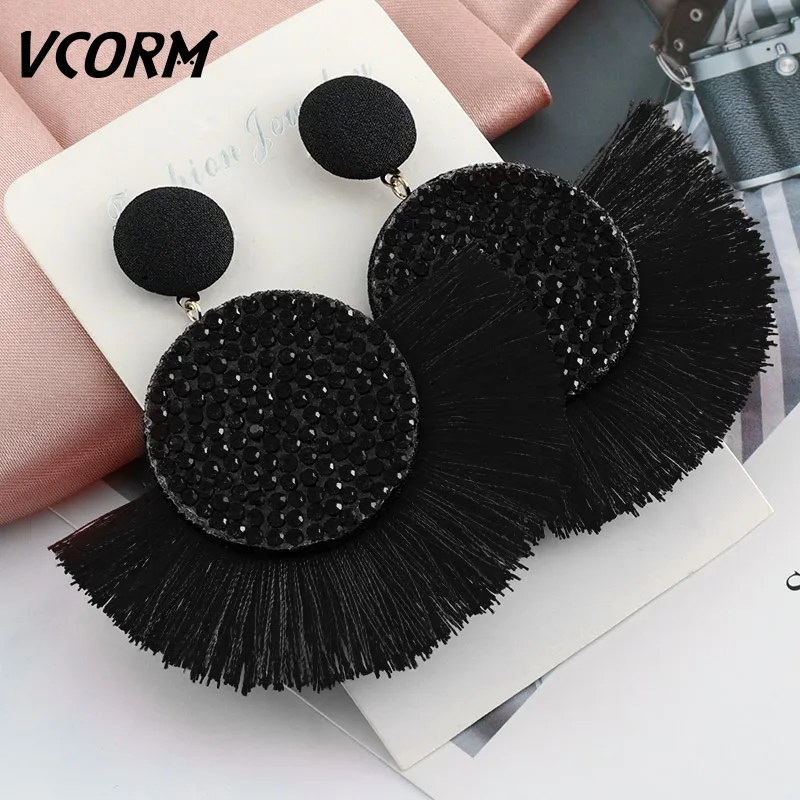 Black VCORM новые модные богемные серьги с кисточками, большие висячие серьги для женщин, роскошные винтажные длинные висячие серьги с кристаллами, Женские Ювелирные изделия - Окраска металла: Black