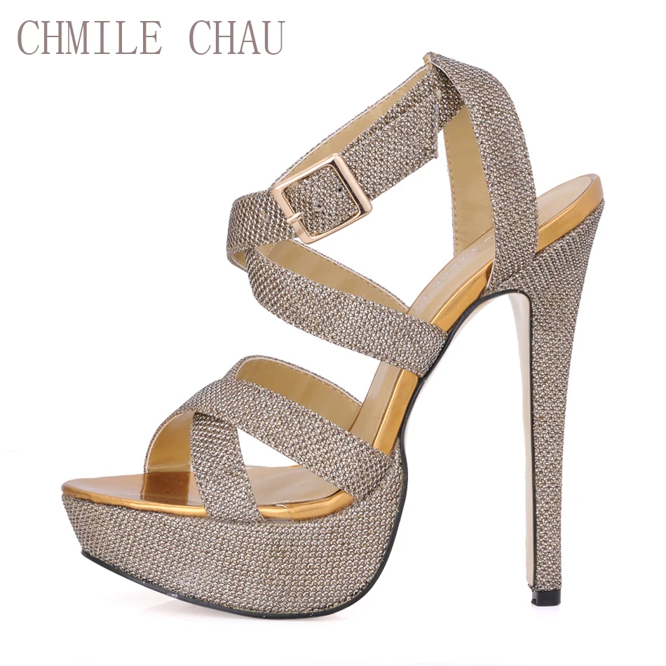 CHMILE CHAU Glitter Nice Sexy Party Shoes Women Stiletto High Heels Ankle Strap Platform Ladies Sandal Zapatos Mujer 3463SL A4|ladies sandals|sandals