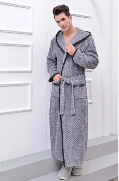 Men Gray Новые зимние парные Длинные махровые халаты с капюшоном для мужчин и женщин домашняя одежда теплые банные халаты Прямая поставка с фабрики в Китае - Цвет: Men Gray