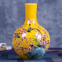 Jingdezhen Ceramic Big Vase Masters Hand Painted Yellow Glaze Enamel Magpie On Plum Tree Globular Tall Floor Vase Chinese Crafts