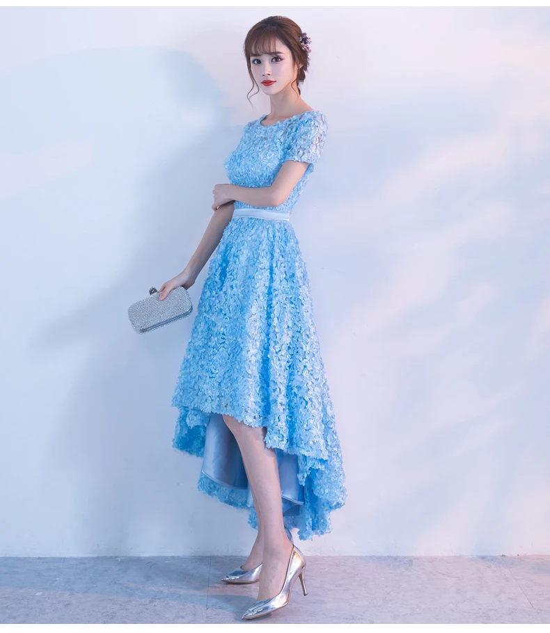 Ladybeauty Небесно-Голубые Вечерние платья короткие спереди длинные сзади Вечерние платья кружевные лепестки с круглым вырезом vestidos de festa официальные