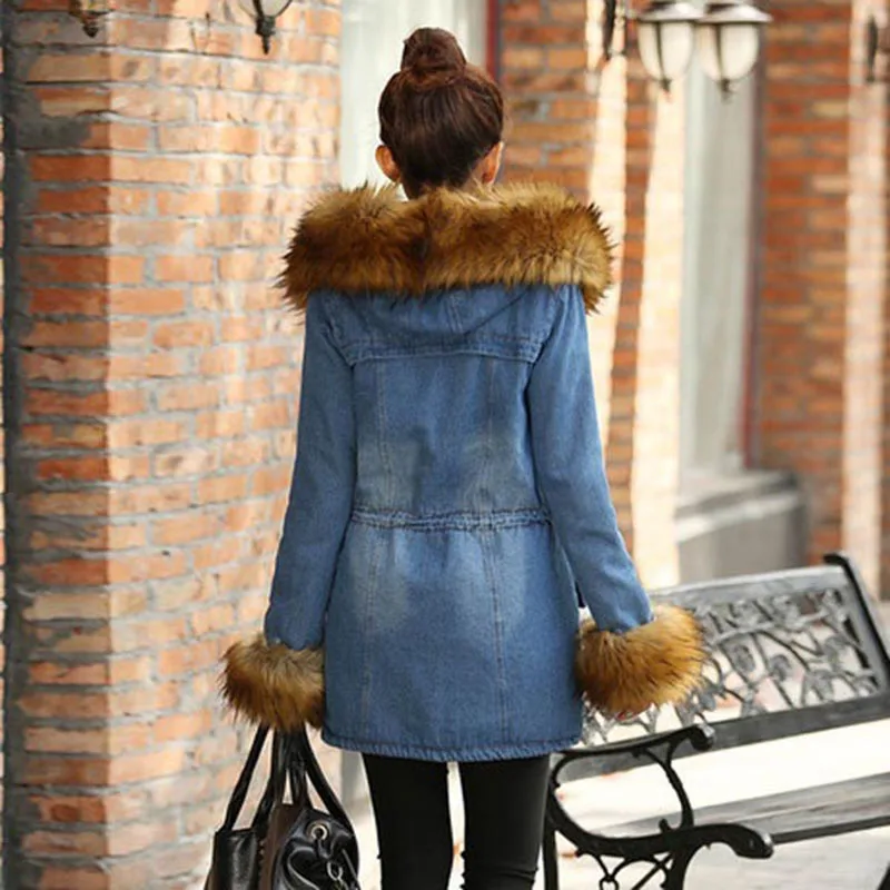 Новое Зимние Пальто Для Женщин Джинсовый Пуховик Из Большого Искусственного