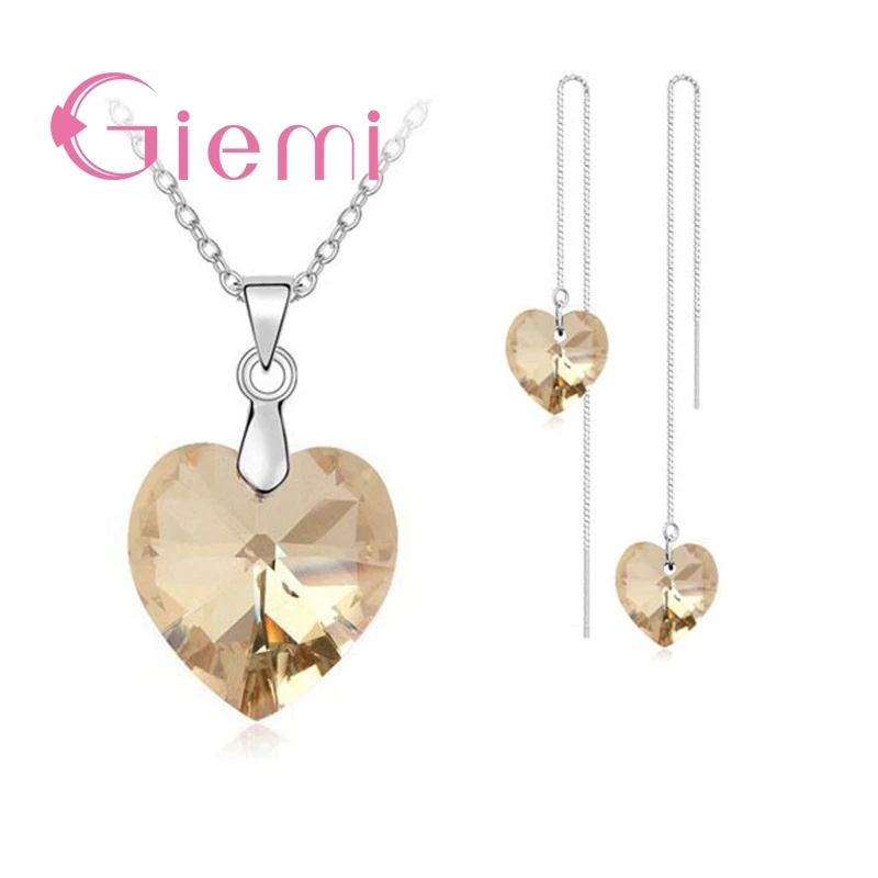 Authentic 925 Sterling Silver Jewelry Sets for Women Girls Gifts Austrian Crystal Heart Pendant Necklace Thread Earrings Chain