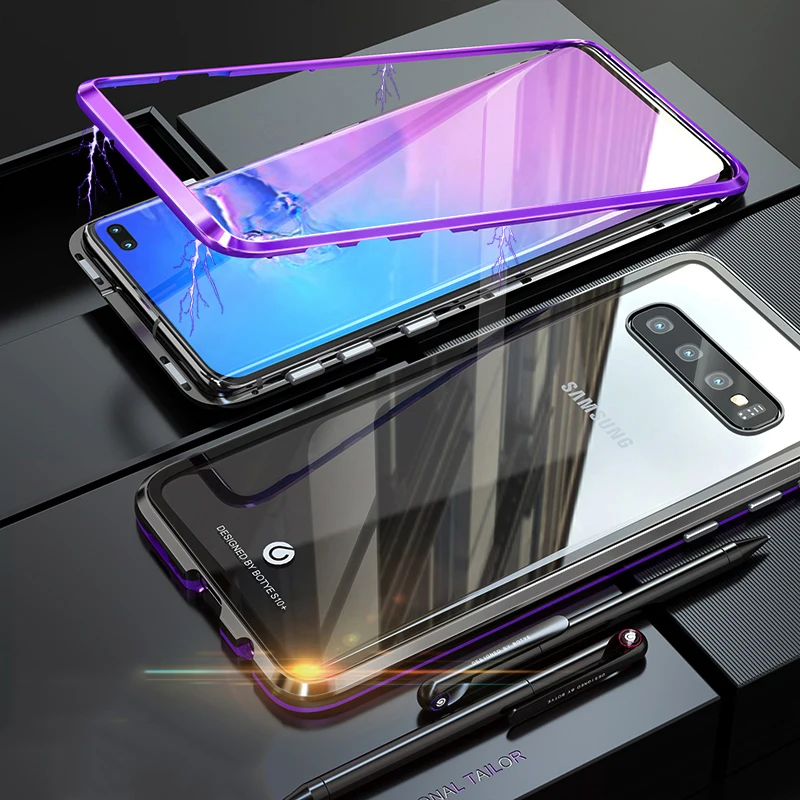 Magnetic Case For Samsung Galaxy S10 Plus S10E 5G Anti-knock Aluminum Metal &amp Back Side Tempered Glass Cover |