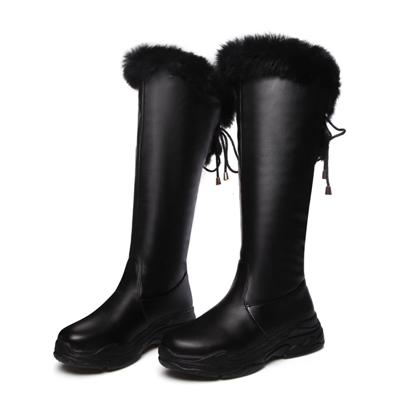 2018 плюс Размеры Для женщин Колено Высокие Длинные кожаные кролик валенки зима