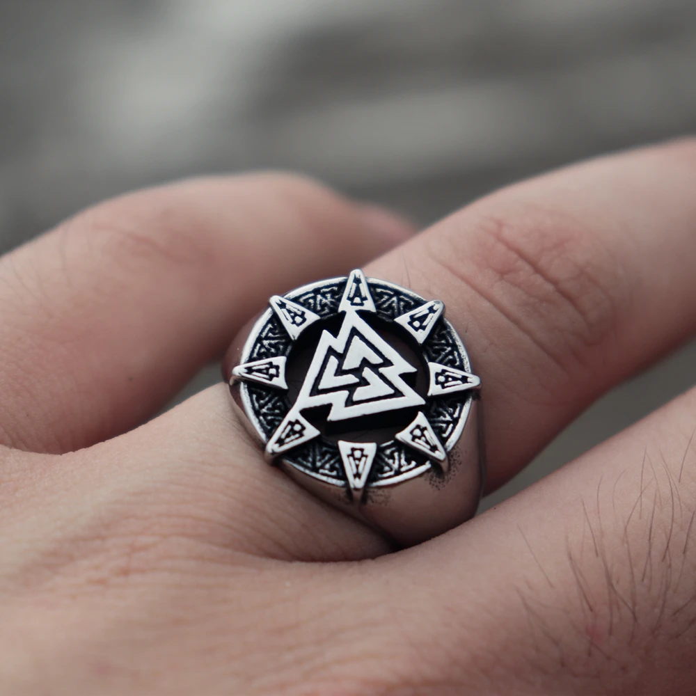 Треугольники Одина Viking Valknut символ камень Кольца из нержавейки Для мужчин нордический амулет кольца