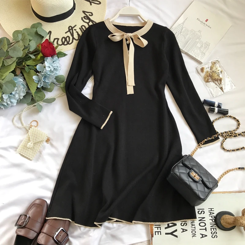 

Женское трикотажное вечерние с высокой талией, повседневное элегантное платье с длинным рукавом, Осень-зима, 2019