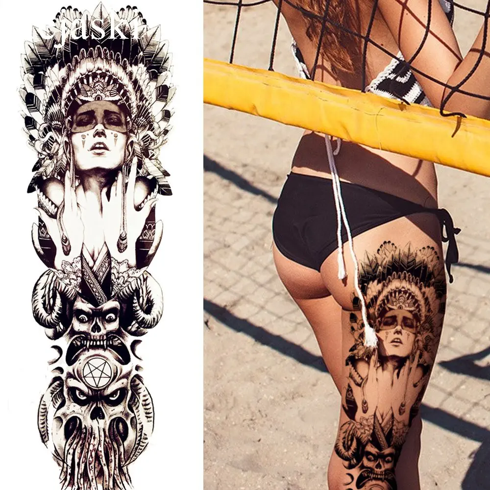 

Black Indian Warrior Temporary Tattoo Men Full Legs Tattoo Stickers Women Large Body Arm Art Drawing Fake Tatoos Self Adhesive