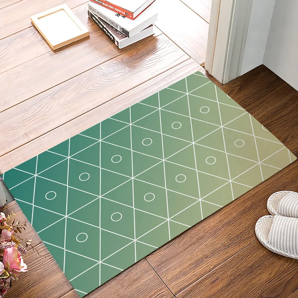 Современные геометрические декоративные зеленые и желтые дверные коврики с