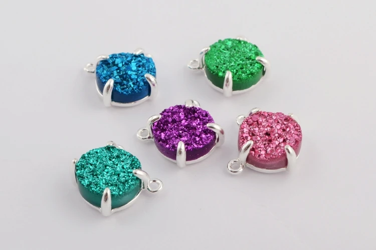 10PCS Mix Colors BOROSA Druzy ювелирные изделия 10 шт. Серебряный Цвет Коготь 10 мм круглые натуральные Агаты Титан Радужная Друза разъемы для ожерелья ZS0413 - Окраска металла: 10PCS Mix Colors