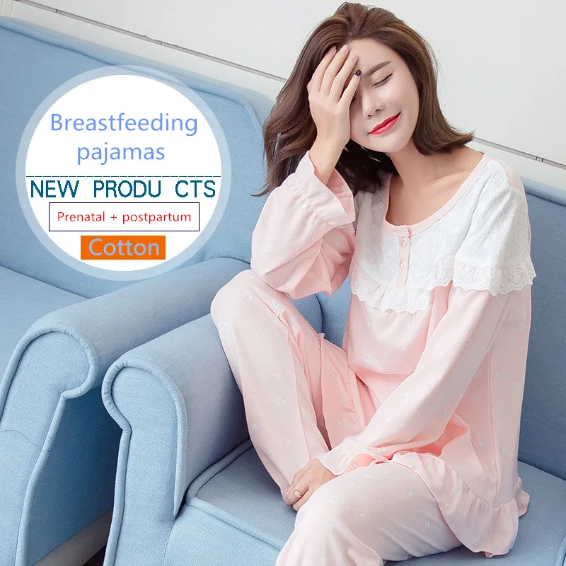 

Пижама из хлопка с длинным рукавом и кружевом, пижама для кормления, ночная рубашка для кормления