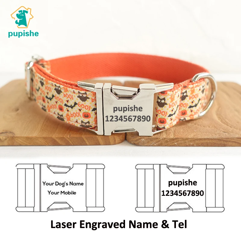 

PUPISHE Halloween Dog Collars Orange Personalized Pet Collar Unique Dog Gift Festival Adjustable Small to Large Dog Necklace XL