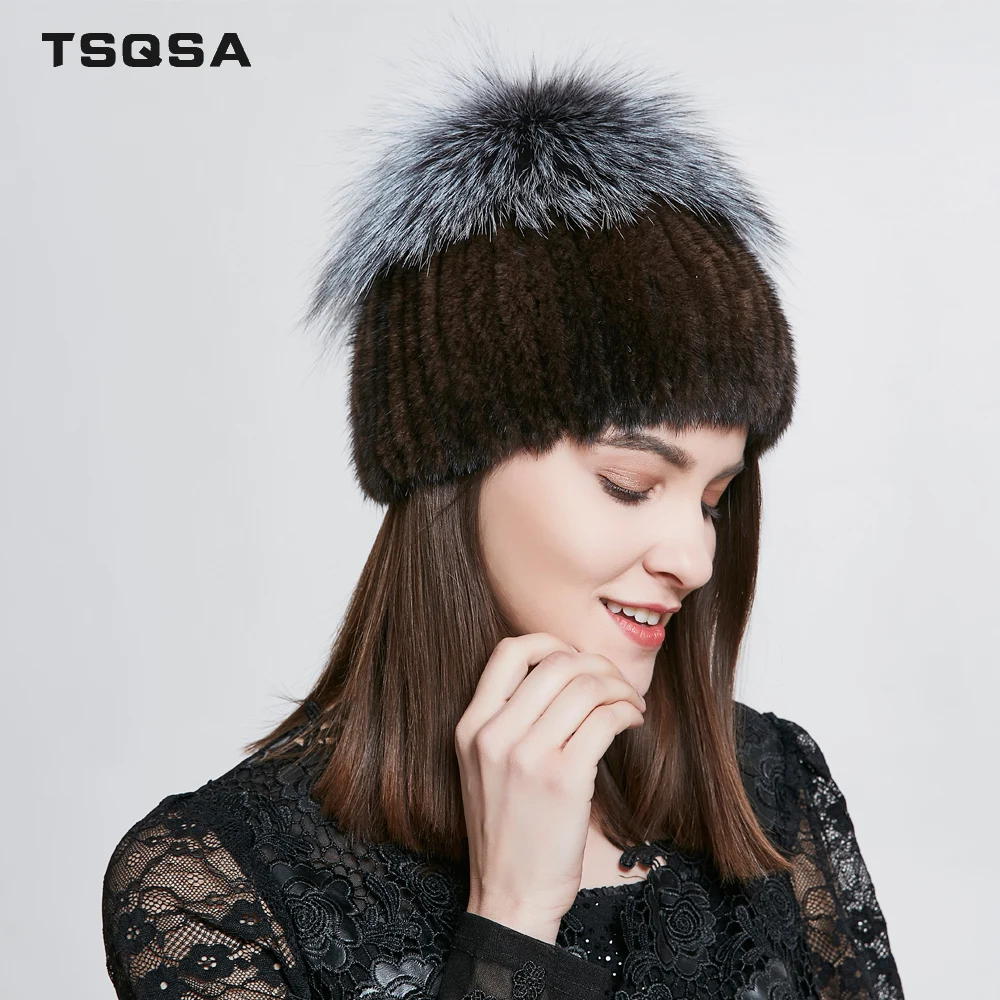 TSQSA Женские Теплые Шапки из Натурального Меха Норки С Лисой Зимой Меховые Шапки Норки Меха Женские Качественные Повседневные Шапочки Роскошная Леди Шапка TAH1819