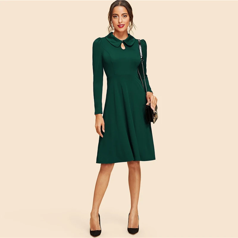 SHEIN Платье Клеш С Длинными Рукавами Офисное Платье с Высокой Талией Элегантные Однотонные Платья