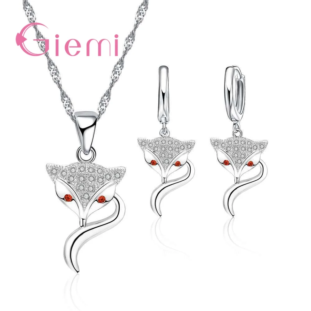 Комплект из колье и серёг серебра 925 пробы с подвеской в виде лисы|wedding jewelry|earrings