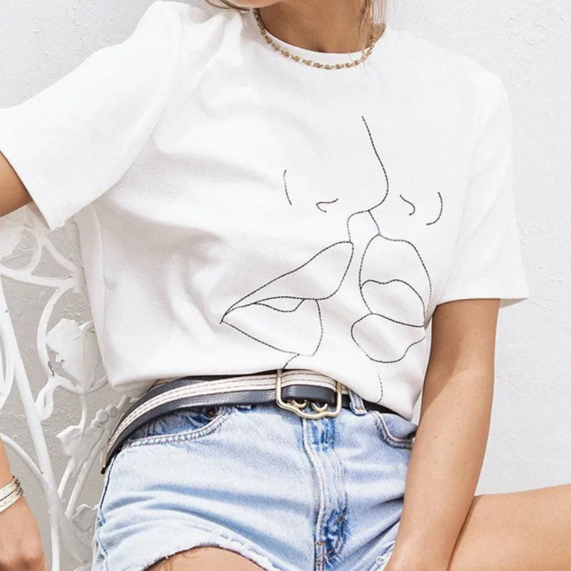 Женская хлопковая футболка с коротким рукавом Повседневная круглым вырезом и