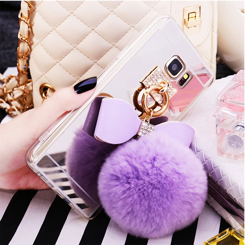 Glitter Phone Cases for Samsung galaxy A3 A5 A7 J3 J5 J7 2017 Prime S7 Edge S9 S8 Plus Note 9 8 Rabbit Fur Mirror Case Covers |