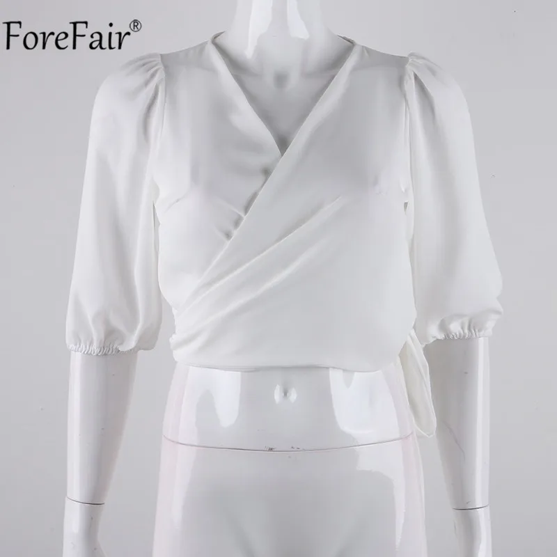 Женская короткая шифоновая блузка с бантом Forefair белая коротким рукавом и v