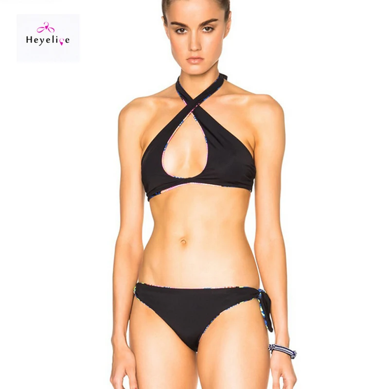 Печати Бикини Женщины Обратимым Купальники Новый Крест Высокой Шеи