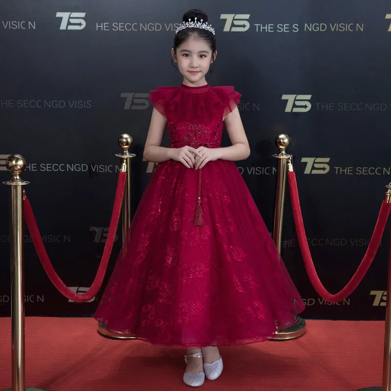 

5~15Years Children Girls High-Grade Wine-Red First Communication Model Show Princess Long Dress Kids Birthday Evening Dress Wear