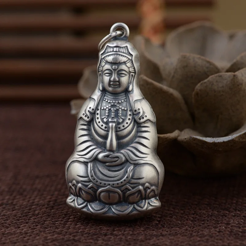 Серебро 100% пробы тибетская подвеска буддийская Kuanyin Авалокитешвара амулет на