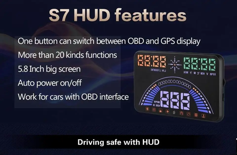 VJOYCAR S7 HUD Дисплей автомобиля с OBDII+ gps Авто диагностический сканер автомобильный коллиматорный Дисплей автомобильный детектор Скорость проектор на лобовое стекло