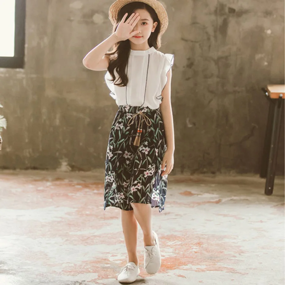 Летняя одежда для девочек однотонный жилет + штаны с цветочным принтом детские