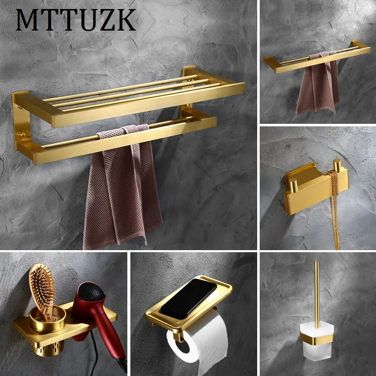 MTTUZK твердая алюминиевая вешалка для полотенец, полотенцесушитель, матовый золотой набор оборудования для ванной комнаты, крючок для халата, туалетная щетка для уборки в ванной Аксессуары
