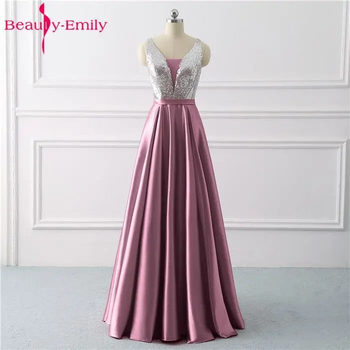 Beauty Emily, расшитые блестками Серые Вечерние платья трапециевидной формы, Длинные вечерние платья с v-образным вырезом, вечерние платья для вечеринки, выпускного, вечерние платья - Цвет: dark pink