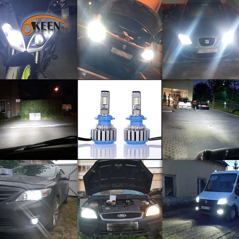OKEEN 2 шт. T1 Автомобильная турбо светодиодная фара 70 Вт 6000 К H7 H1 H3 H11 H8 H27 881 9005 9006 H4