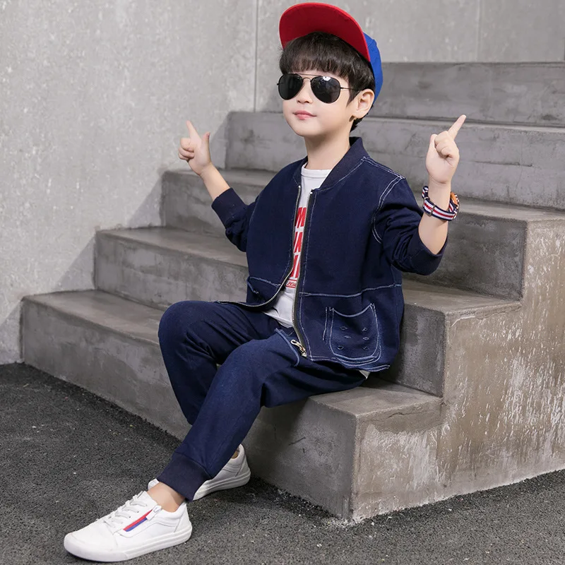 2pcs Black Boys Jacket & Jeans Clothing Set Boy Denim Outerwear Pants for 4 6 8 10 12 Year Old 2020 Kid Clothes 185008 | Мать и