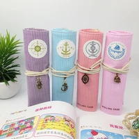 cute kawaii pencil case for girls stationery organizer fresh navy style striped canvas roll up pen bags school rolling case