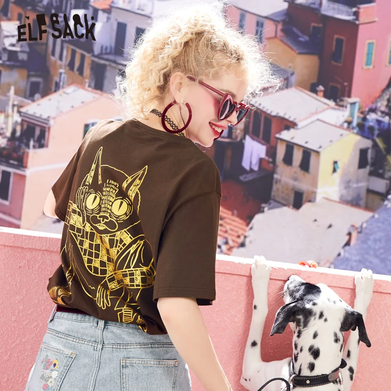 ELFSACK хлопок повседневная женская футболка модная с буквенным принтом свободная