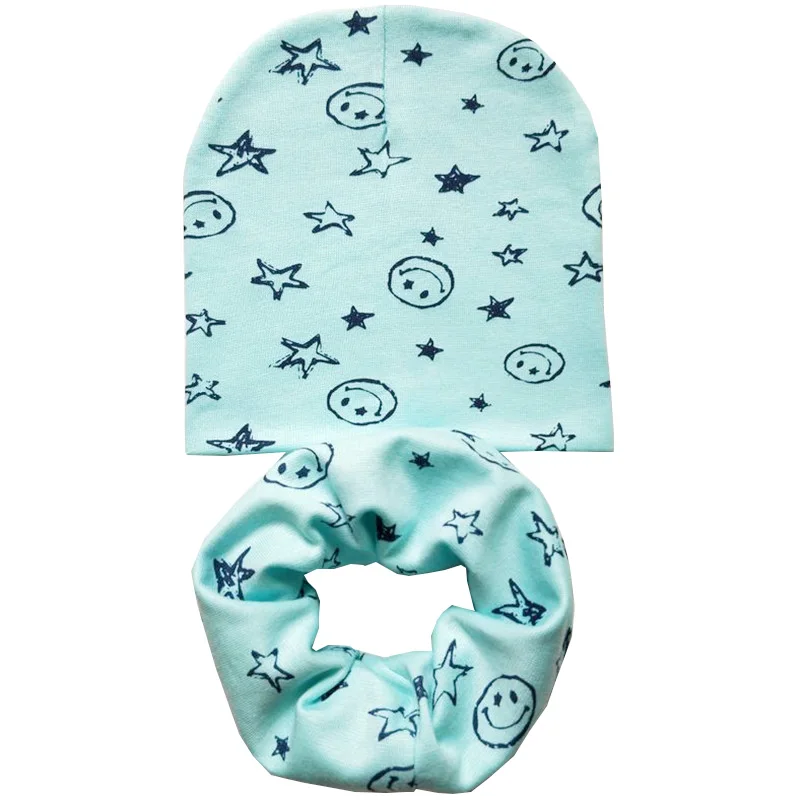 Green smile stars 1 комплект, хлопковая детская шапка, шарф для мальчиков и девочек, осенне-зимняя детская шапка, шарф-воротник, теплые шапочки с принтом «я люблю мама папа» - Цвет: Green smile stars