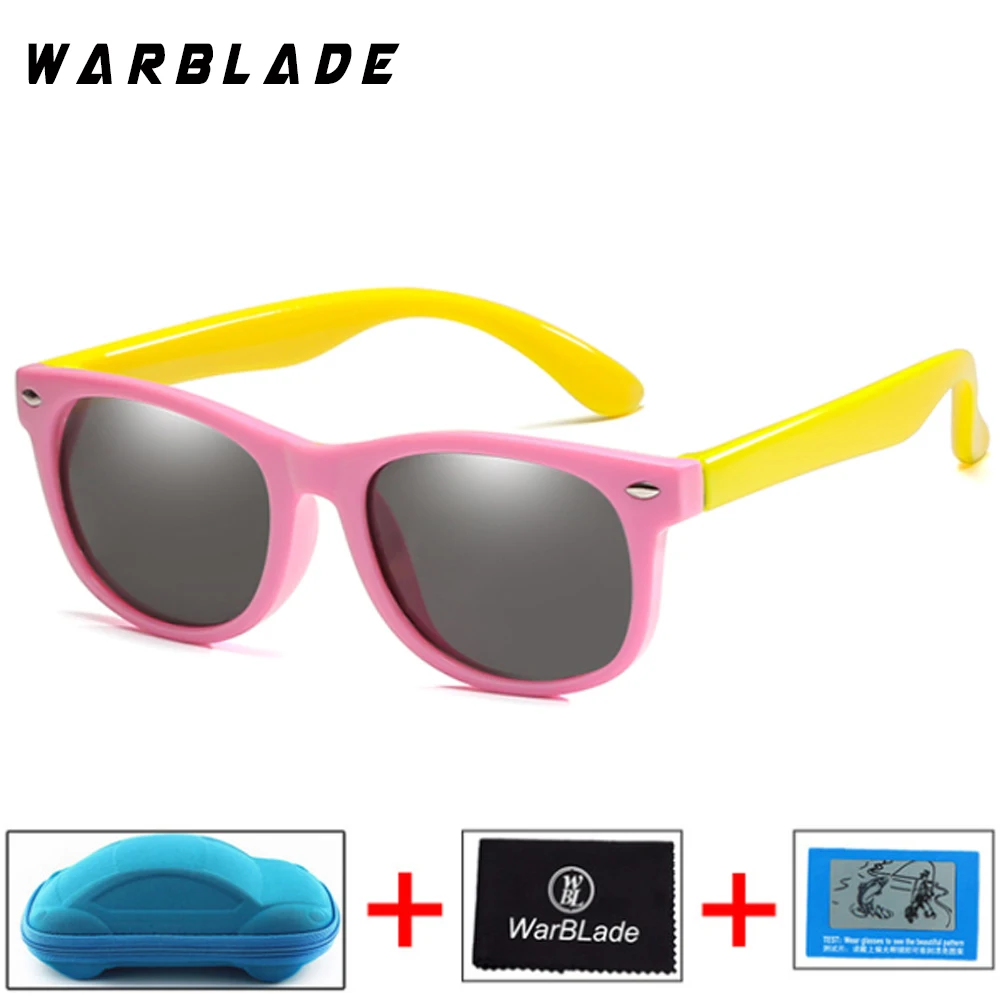 pink yellow WarBLade Children Girls Safety Polaroid UV400 Kids Boys TR90 Polarized Sunglasses Mirror Sun Glasses Sport oculos With Case - Цвет линз: pink yellow
