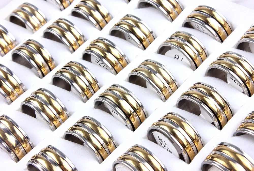 Phoebus Wholesale 10pcs New High boutique men's stainless steel Gold P Color Turning ring finger tide personality rings | Украшения и