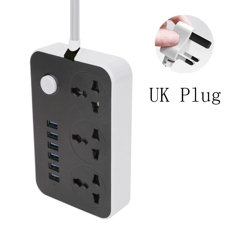 Штепсельная Вилка стандарта ЕС и Великобритании, 6 портов, USB, 3 розетки переменного тока, USB розетка, умная розетка, кнопка питания, 1,8 м, гнездо для шнура удлинителя