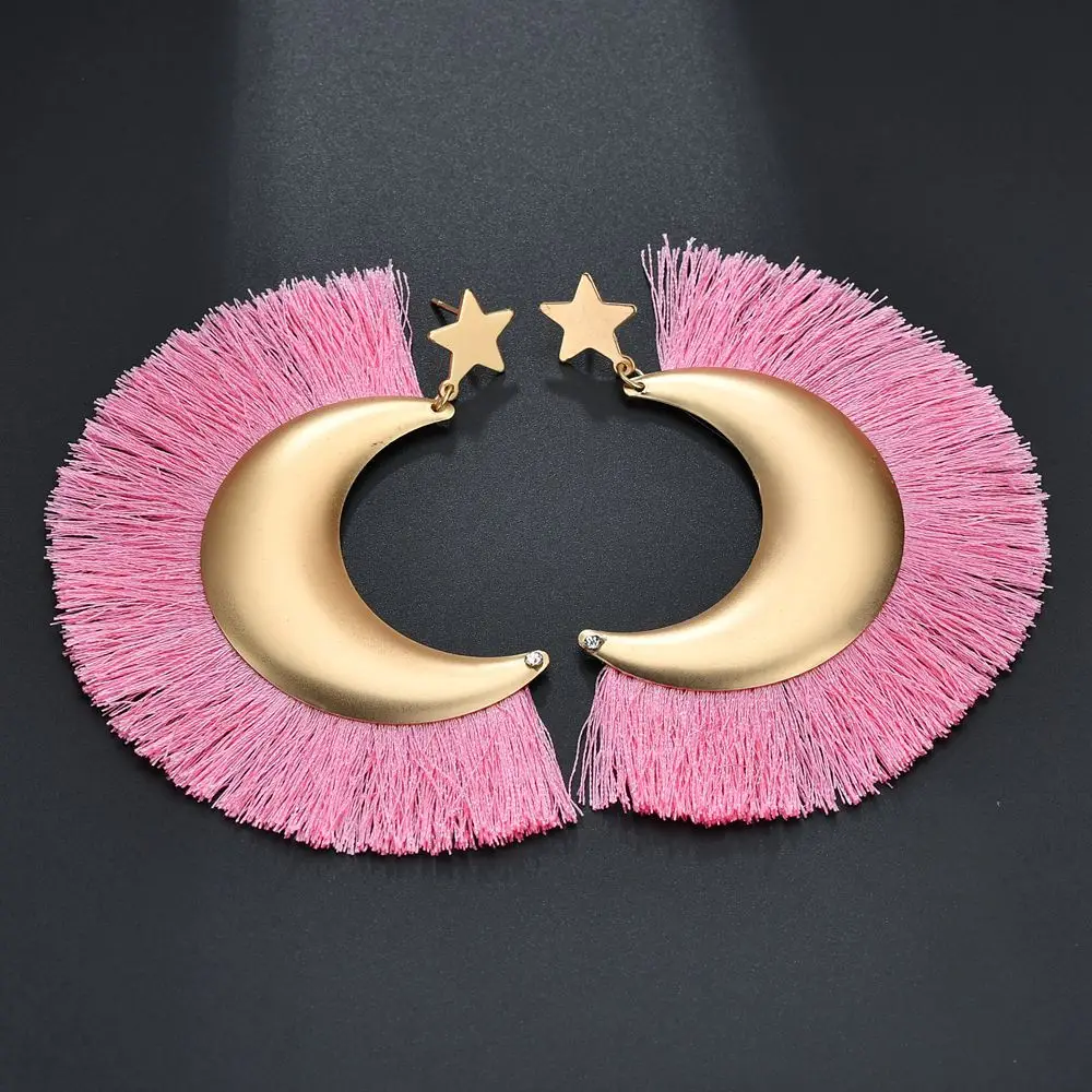 

Bohemia Stud Earrings Moon Stars Tassel Earrings Metal Red Yellow Pink Vintage Fashion Jewelry for Women Party Birthday Gift
