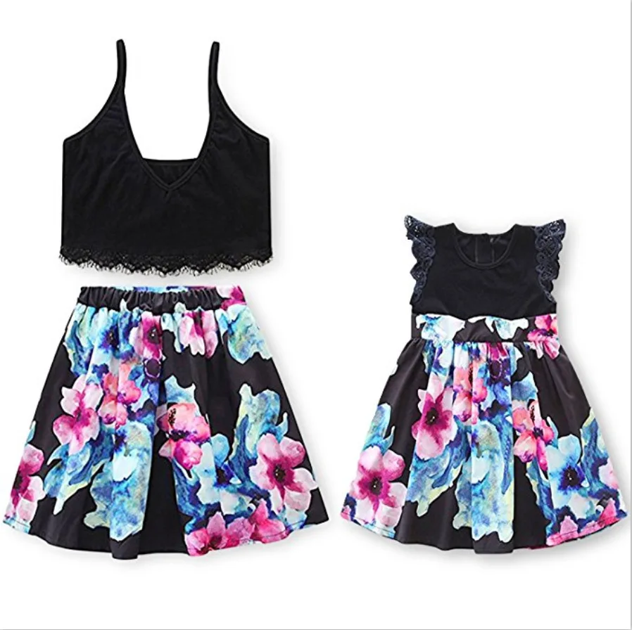 2019 PPXX Summer Floral Girl Women Lace Dress Plus Size Mother Daughter Family Matching Clothing Fashion Look Top Skirt | Мать и ребенок