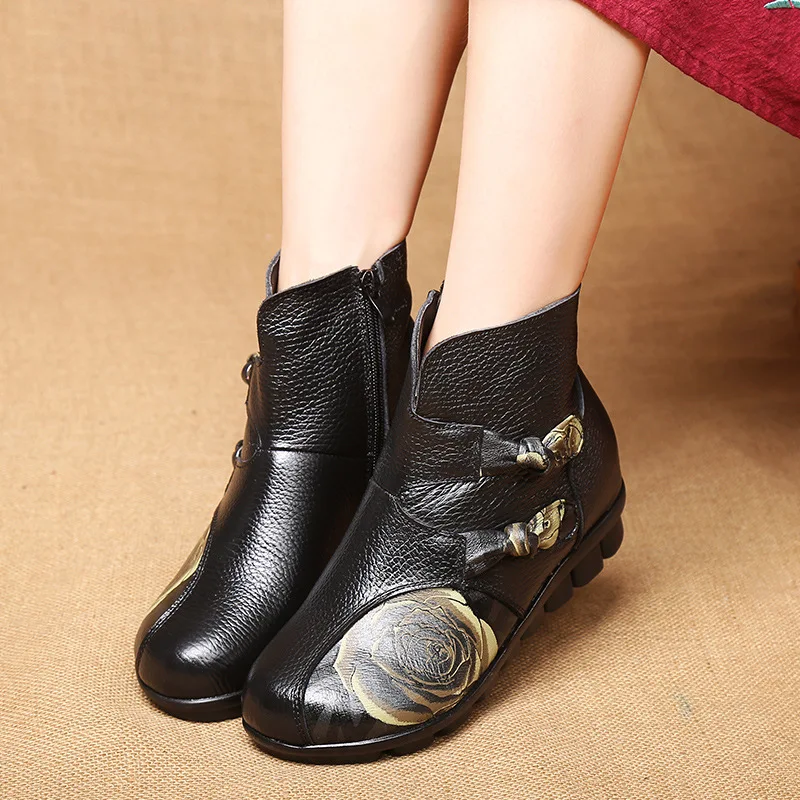 

TIMETANG 2021 New Autmn Winter Shoes Woman Boots Printing Cow Leather Boots Ladies Ankle Boots Flat with Bow Plus Cotton Warm