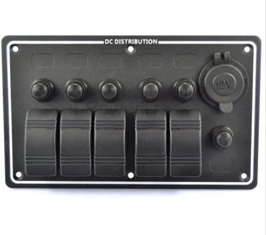 

5 GANG Aluminum LED Rocker Switch Panel& Power Socket For Boat/Marine/RV LF5H/S