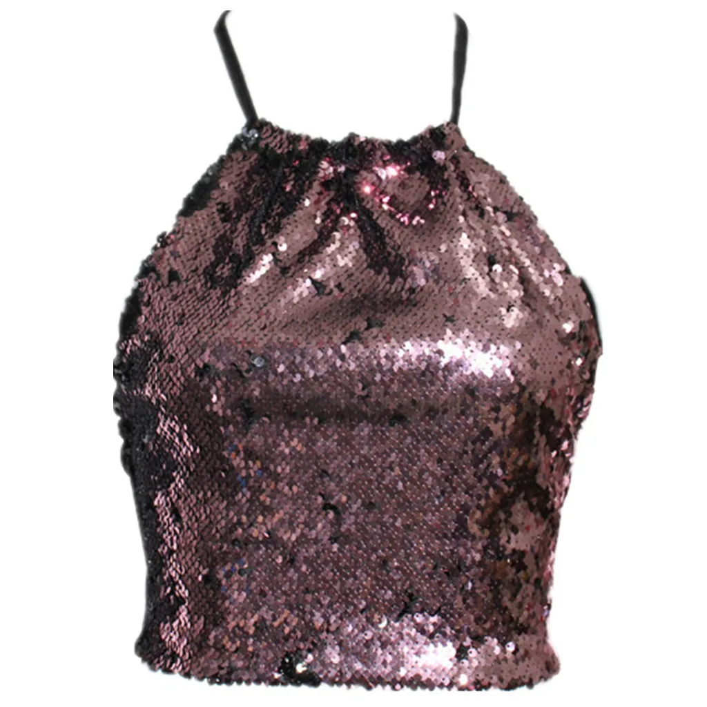 Pink Женские летние топы, Короткие Блестящие Блестки, сексуальный жилет для девушек, модный камзол без рукавов, женский топ на бретельках для тренировок - Цвет: Pink