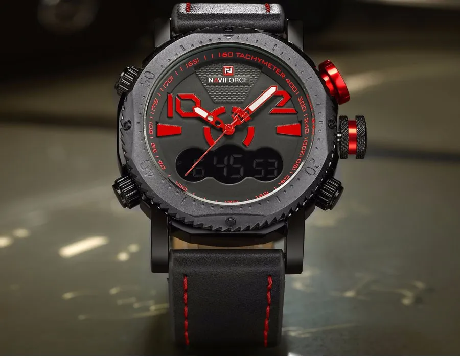 NAVIFORCE Брендовые мужские спортивные часы с двойным дисплеем Цифровые кварцевые часы с кожаным ремешком красные 30 м Водонепроницаемые наручные часы Reloj Hombre