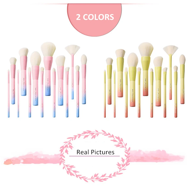 VDL+ My Destiny Pro 14Pcs Makeup Brushes Set Gradient Pink Yellow Soft Blusher Powder Complete Cosmetic Brush Kit with Bag
