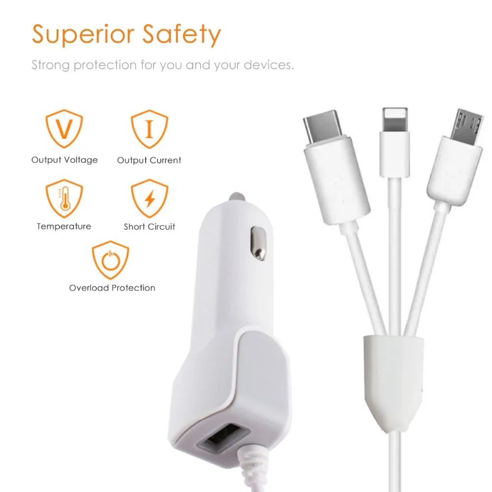 Быстрое Автомобильное зарядное устройство с разветвителем 3 в 1 usb кабель для