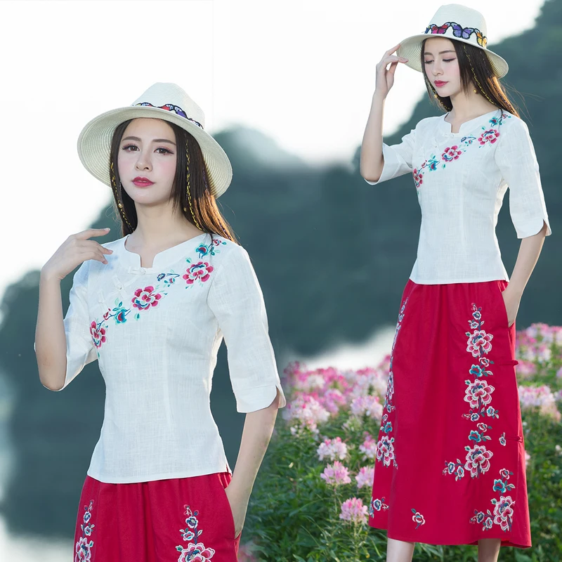 KYQIAO Traditional Chinese clothing M-3XL ethnic stand collar rose red blue white embroidery blouse shirt online store | Женская одежда - Фото №1